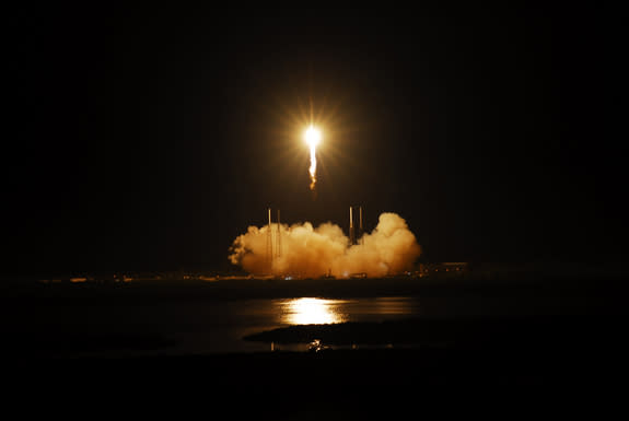 The SpaceX Falcon 9 rocket soars into space from Space Launch Complex-40 on Cape Canaveral Air Force Station in Florida at 3:44 a.m. EDT on May 22, 2012, carrying the Dragon capsule to orbit.