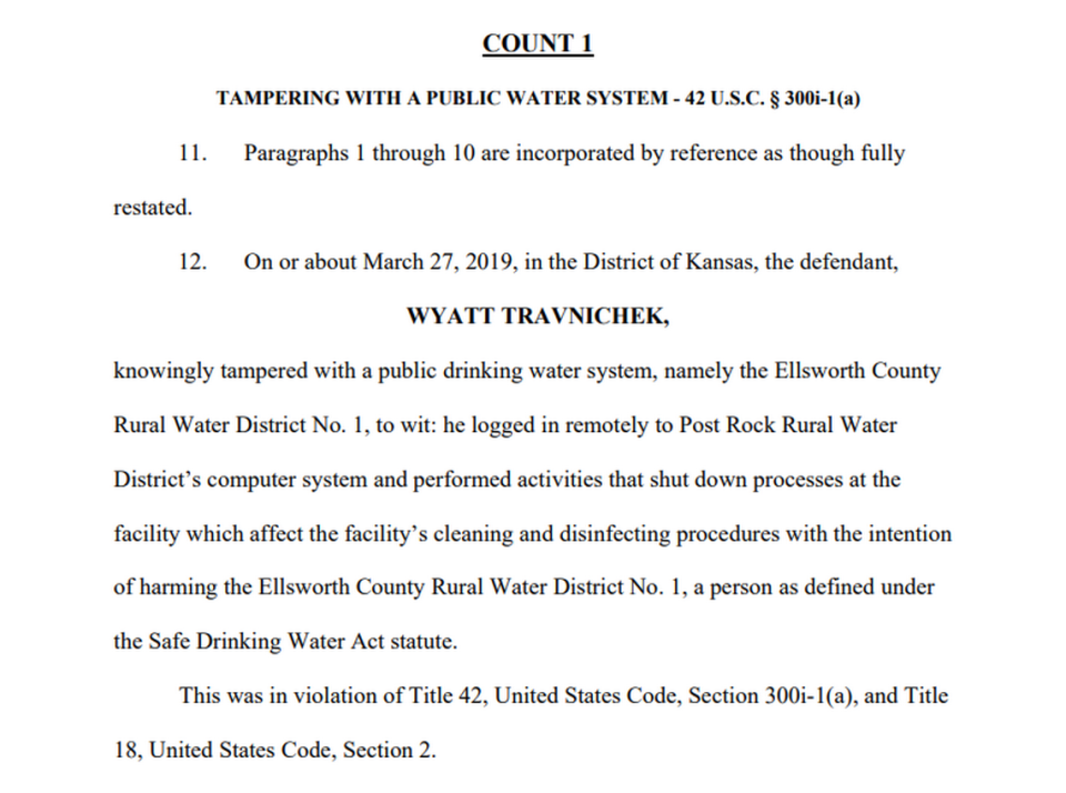 A screenshot of the indictment against Wyatt Travnichek, alleging he tampered with the Post Rock Rural Water District.