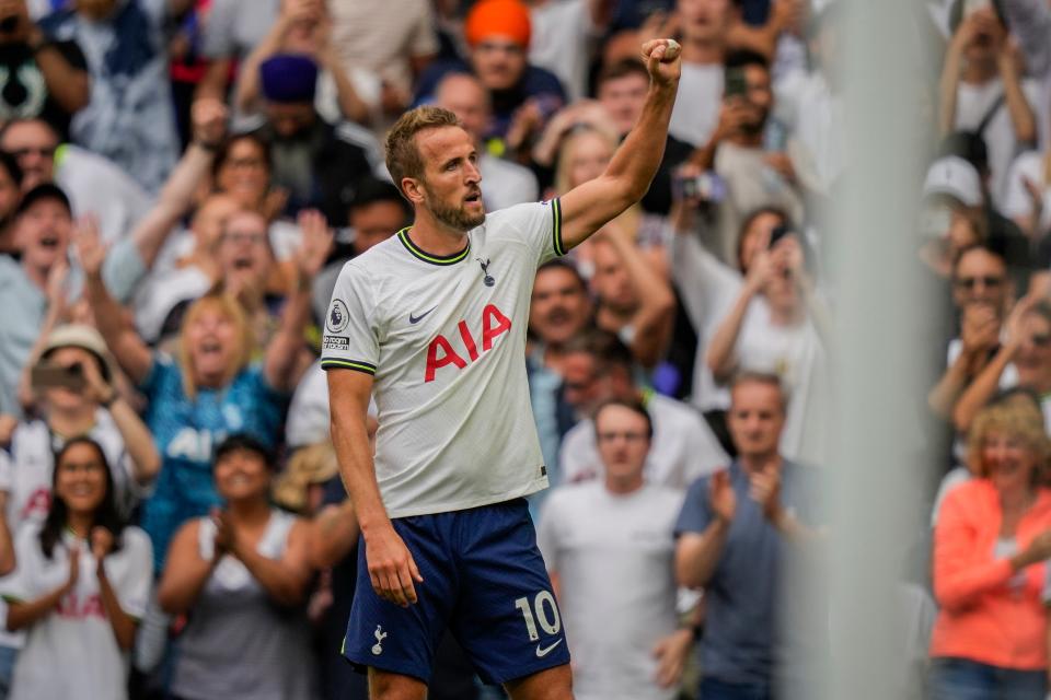 Tottenham's Harry Kane celebrates after scoring the opening goal during the English Premier League soccer match between Tottenham Hotspur and Wolverhampton Wanderers at Tottenham Hotspur in London on Aug. 20, 2022.