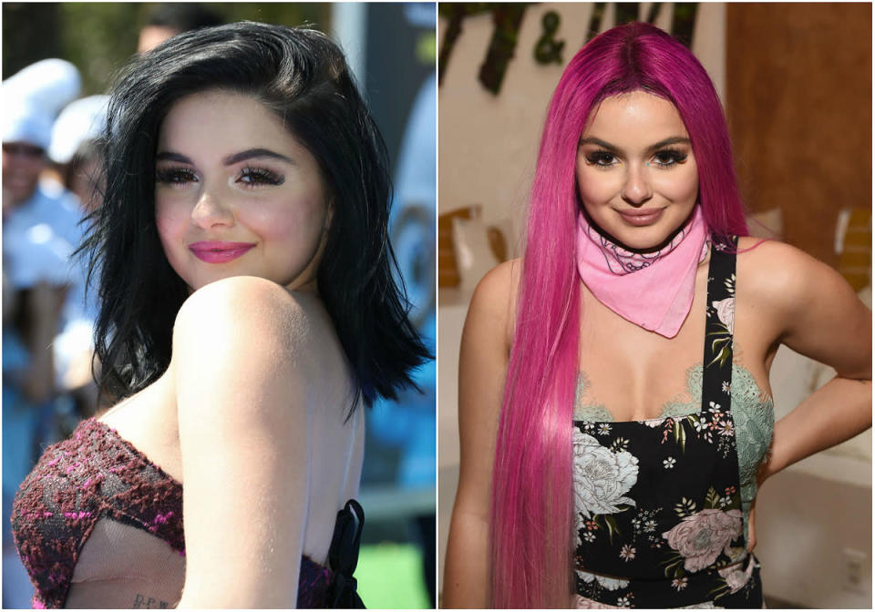 <p><b>When: April 14, 2017 </b><br>Ariel Winter rocked some seriously sexy long pink tresses at Coachella over the weekend! The ultra deep neon rose extensions featured honey blonde tips as they extended down past her waist. The “Modern Family” starlet complemented the hair with super tight floral-patterned overalls and a green-mint bustier that showcased her Marilyn-Monroe curves. What do you think, are you loving the ‘do? <i> (Photos: Getty) </i> </p>