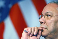 FILE - In this Nov. 30, 2006 file photo, former Secretary of State Colin Powell looks on during a ceremony for the Alexis de Tocqueville prize, a French literary award, in Tocqueville, east of Cherbourg, western France. Powell, former Joint Chiefs chairman and secretary of state, has died from COVID-19 complications. In an announcement on social media Monday, the family said Powell had been fully vaccinated. He was 84. (AP Photo/Vincent Michel)