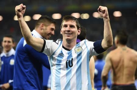 Argentina's Lionel Messi celebrates his team's win over the Netherlands after their 2014 World Cup semi-finals at the Corinthians arena in Sao Paulo July 9, 2014. REUTERS/Dylan Martinez