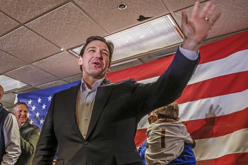 Florida Gov. Ron DeSantis arrives to speak to supporters at the Never Back Down Iowa headquarters in West Des Moines, Iowa on Saturday. DeSantis blasted Haley's decision to skip the debate, saying "she doesn't want to answer the tough questions." Photo by Tannen Maury/UPI