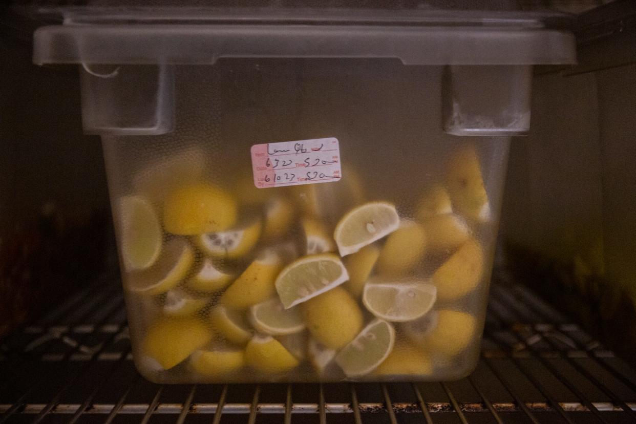Lemons are labeled and dated in a walk-in refrigerator on June, 6 2023, in Corpus Christi, Texas.