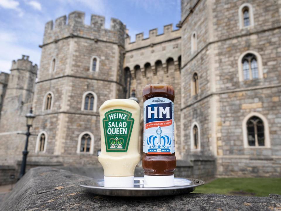 Limited edition Jubilee bottles of Heinz Salad Cream and HP Sauce, which have been renamed 'Heinz Salad Queen' and 'HM Sauce' (PA)