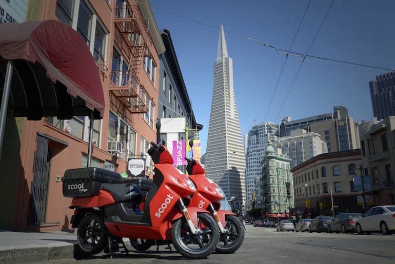 Some of the Scoot Network's scooters in downtown San Francisco.