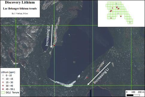 Aerial view of the two pegmatite trends on Lac Belanger with increasing lithium towards the south and southwest.