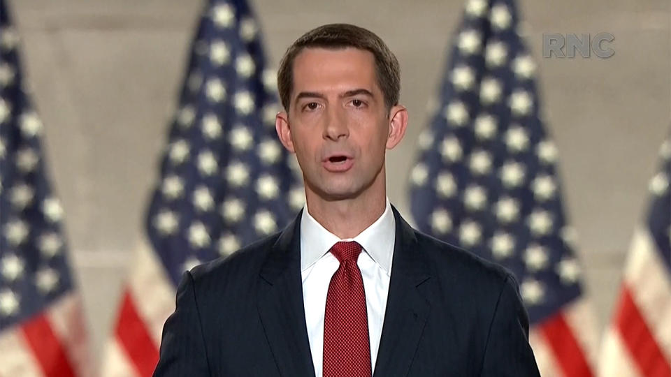 Sen. Tom Cotton speaks during the virtual Republican National Convention on August 27, 2020. (via Reuters TV)