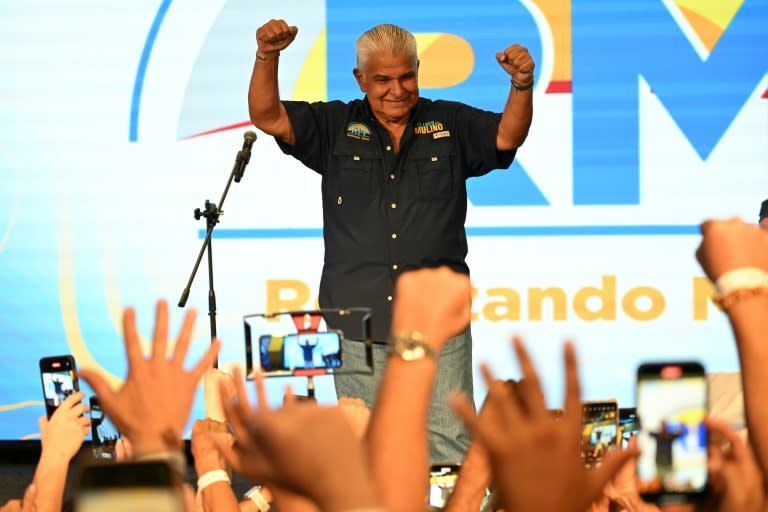 Panama's president-elect Jose Raul Mulino celebrates with supporters after winning Panama's presidential election in Panama City on May 5, 2024 (MARTIN BERNETTI)