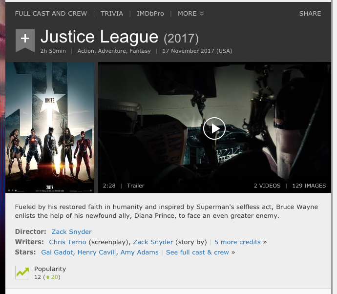Here's what Justice League's IMDB page looks like as of 30 March, 2017 (IMDB)