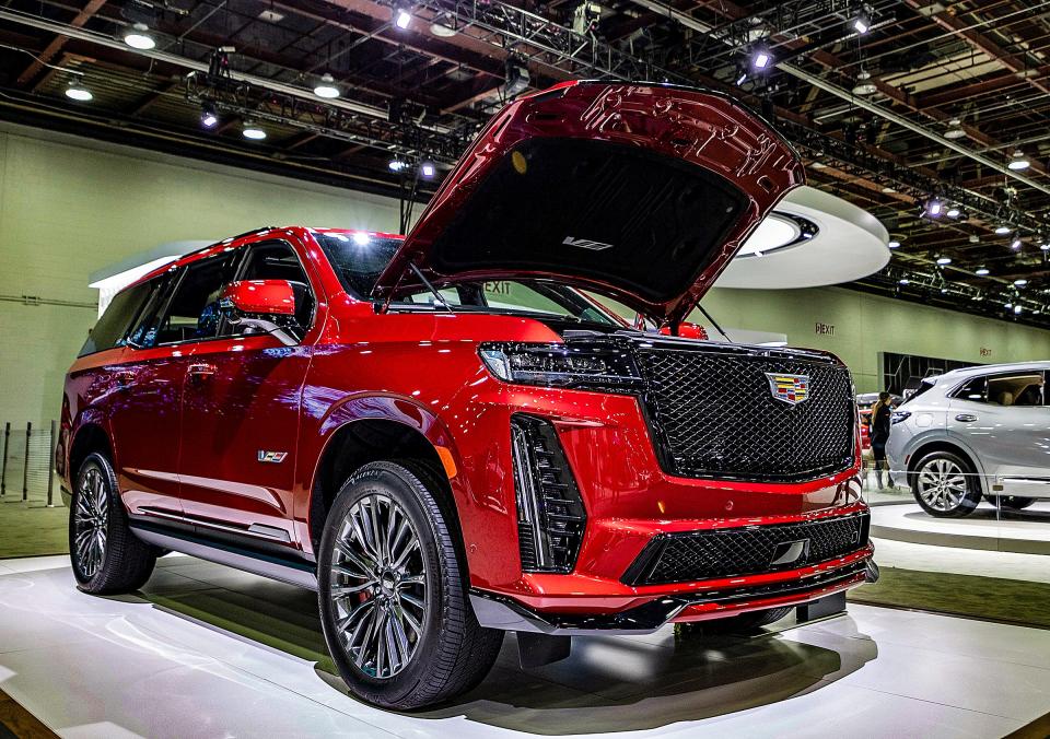 The 2023 Cadillac Escalade-V Suv is displayed during the 2022 North American International Auto Show inside the Huntington Place convention center in Detroit on Wednesday, Sept. 14, 2022. 