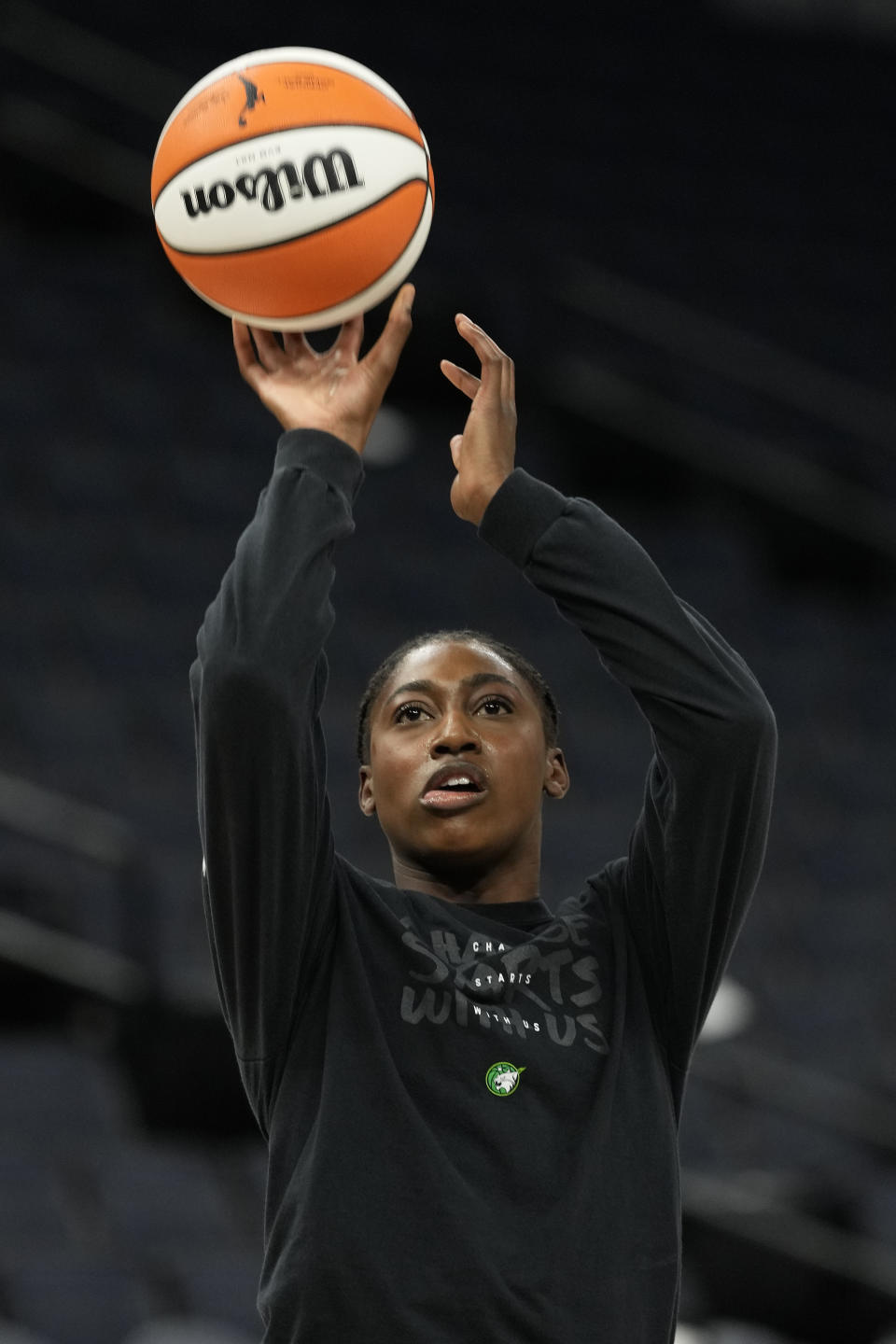 Minnesota Lynx guard Diamond Miller warms up for Game 3 of the team's WNBA first-round basketball playoff series against the Connecticut Sun, Wednesday, Sept. 20, 2023, in Minneapolis. (AP Photo/Abbie Parr)