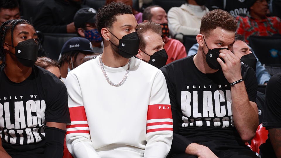 Ben Simmons joined his Brooklyn Nets teammates for their game against Sacramento this week, his first appearance at an NBA game this season. (Photo by Nathaniel S. Butler/NBAE via Getty Images)