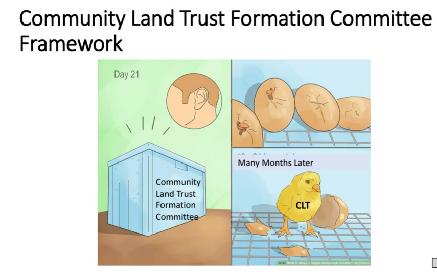 At a community affairs committee meeting on June 11, representatives of Wauwatosa's newly formed community land trust described the formation committee as an egg in an incubator. The hatched chick, or the CLT, is the committee's goal, they said, using the pictured meme as an example.