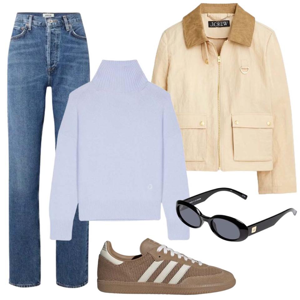 straight blue jeans; purple turtleneck sweater; cream barn jacket; brown adidas sneaker; black round sunglasses