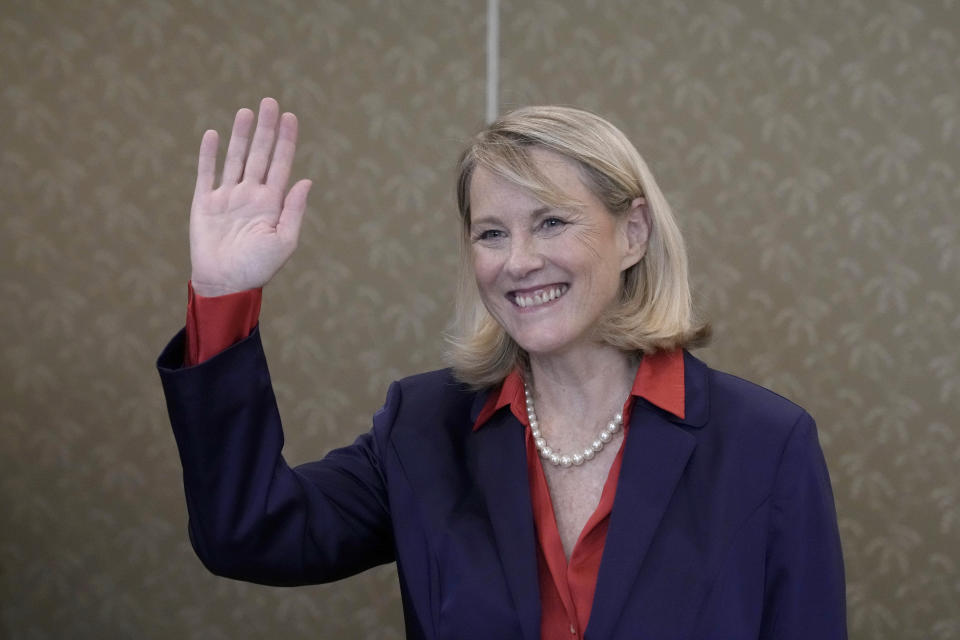 Tracy Chamoun, 61, a granddaughter of the late diplomat and Lebanese President Camille Chamoun, gestures during an announcement of her candidacy in the country's upcoming presidential election, in Beirut, Lebanon, Monday, Aug. 29, 2022. Chamoun announced her candidacy for the cash-strapped country's presidential elections on a platform critical of the Iran-backed Shiite group Hezbollah. (AP Photo/Hassan Ammar)