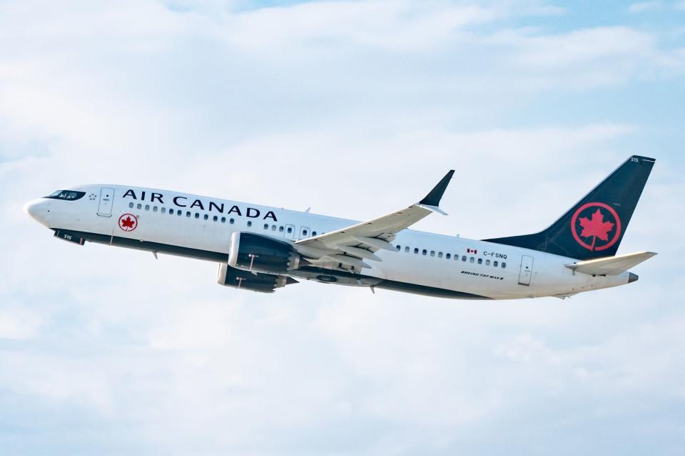 <p>AaronP/Bauer-Griffin/GC Images</p> Air Canada Boeing 737 MAX 8 takes off from Los Angeles international Airport on July 30, 2022 in Los Angeles, California
