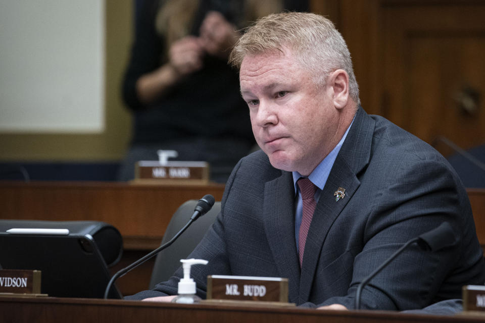 FILE - Rep. Warren Davidson, R-Ohio, listens during a House Financial Services Committee hearing, Sept. 30, 2021 on Capitol Hill in Washington. (Al Drago/Pool via AP, File)