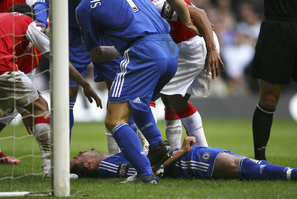 <p>Chelsea enjoyed plenty of domestic cup success as skipper, lifting four FA Cups and three League Cups. A particularly memorable final against Arsenal in 2007 saw him knocked out and nearly swallow his tongue (Getty Images) </p>