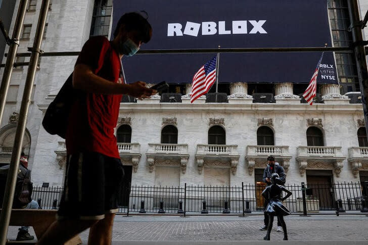 FILE PHOTO: The Roblox logo is displayed on a banner, to celebrate the company's IPO at the NYSE is seen in New York