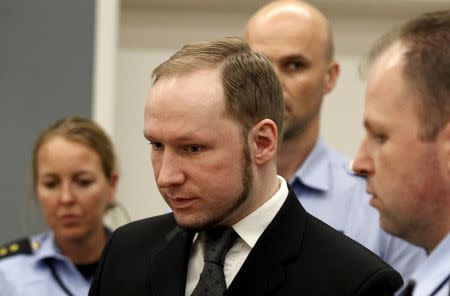 Norwegian mass killer Anders Behring Breivik reacts as he returns after a break to the court room, in Oslo Courthouse, Norway, in this August 24, 2012 file photo. REUTERS/Stoyan Nenov/Files