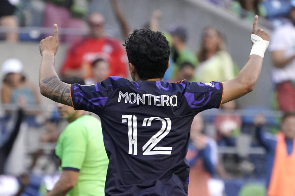 Seattle Sounders' Fredy Montero celebrates after he scored a goal against Sporting Kansas City during the second half of an MLS soccer match, Sunday, July 25, 2021, in Seattle. (AP Photo/Ted S. Warren)