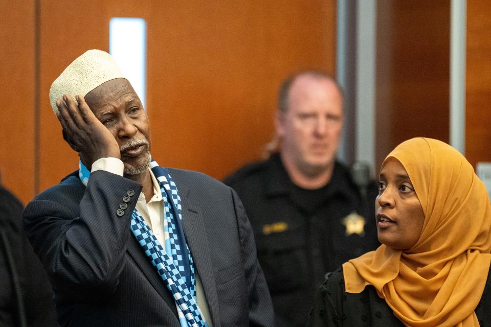 Mahdi Jama, father of 27-year-old Naimo Mahdi Abdirahaman., who was struck and killed by a vehicle driven by drunk and then-off-duty Columbus police officer Demetris Ortega, speaks to Franklin County Common Pleas Court Judge Carl Aveni at Ortega's sentencing on Friday, Nov. 3, 2023.