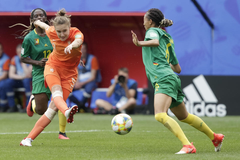 Netherlands' Vivianne Miedema scores her 60th goal for her country (Photo by Eric Verhoeven/Soccrates/Getty Images)