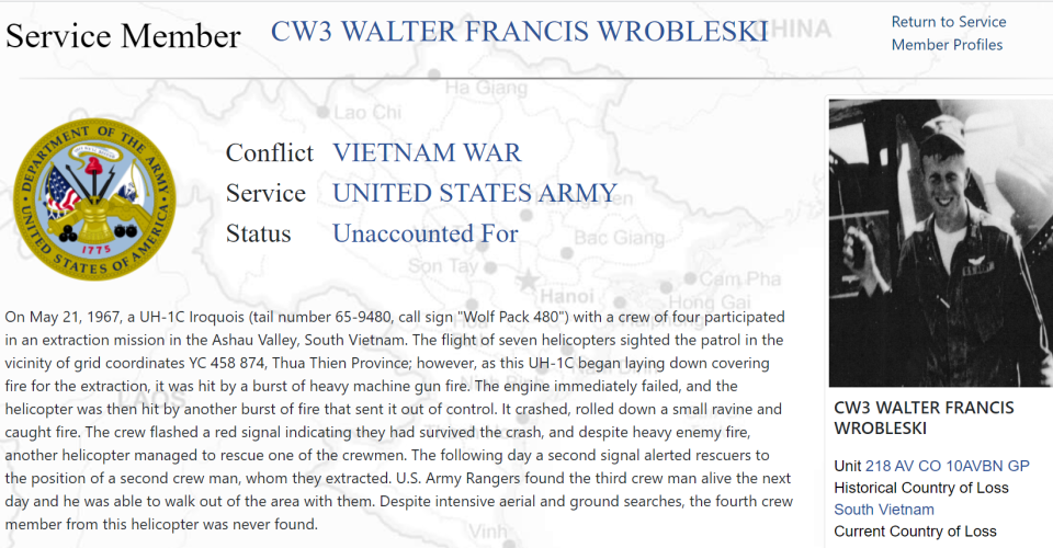 Walter Wrobleski's profile from the Army's POW/MIA web page