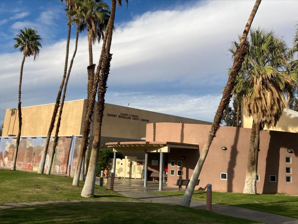 The James O. Jessie Desert Highland Unity Center. College of the Desert owns 119.3 acres surrounding the unity center and James O. Jessie Park.