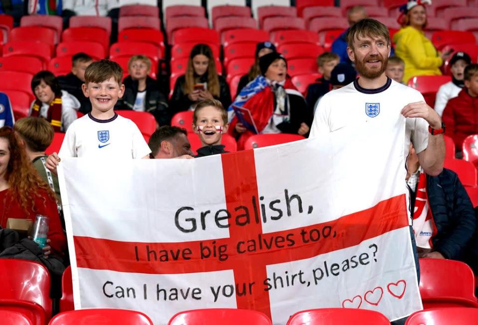 England fans hold up a banner asking for Jack Grealish&#x002019;s shirt (Nick Potts/PA) (PA Wire)