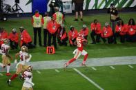 In the fourth quarter Patrick Mahomes led the Chiefs on two long drives to set up touchdowns for tight end Travis Kelce and running back Damien Williams (picture)