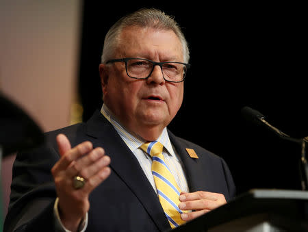 FILE PHOTO: Canada's Minister of Public Safety Ralph Goodale answers questions from media on the second day of Foreign ministers meetings from G7 countries in Toronto, Ontario, Canada April 23, 2018. REUTERS/Fred Thornhill/File Photo