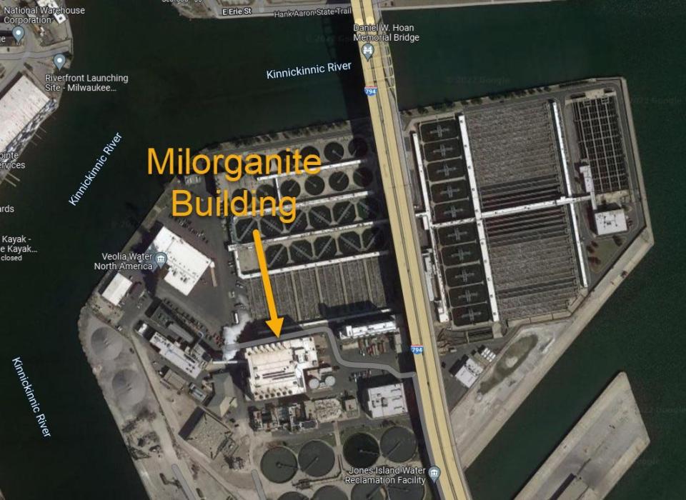 An aerial view of the Milorganite building next to the Hoan Bridge.