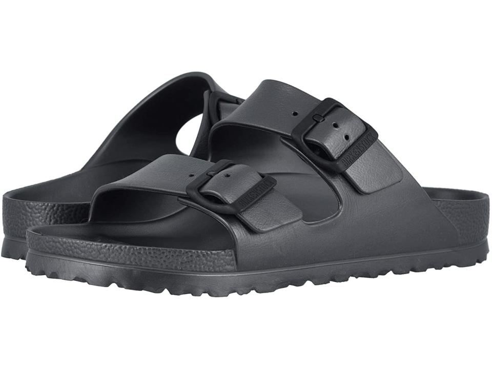 <h3>Birkenstock Arizona Essentials Sandal</h3><br>We don’t need to remind you that Birkenstock is the original comfort shoe — so when it comes to choosing sandals for this roundup, it’s not a question of whether or not the 276-year-old German label will be included, but rather, which of their highly praised sandals will make the cut? Based on its seemingly unstoppable popularity, the Arizona Essential is our winner — with a bouncy EVA-rubber construction, the sandal lends itself to a cloudlike walking experience.<br><br><em>Shop <strong><a href="https://www.zappos.com/birkenstock" rel="nofollow noopener" target="_blank" data-ylk="slk:Birkenstock" class="link ">Birkenstock</a></strong></em><br><br><br><br><strong>Birkenstock</strong> Birkenstock Arizona Essentials, $, available at <a href="https://go.skimresources.com/?id=30283X879131&url=https%3A%2F%2Fwww.zappos.com%2Fp%2Fbirkenstock-arizona-essentials-metallic-anthracite-eva%2Fproduct%2F8184196%2Fcolor%2F822865" rel="nofollow noopener" target="_blank" data-ylk="slk:Zappos" class="link ">Zappos</a>