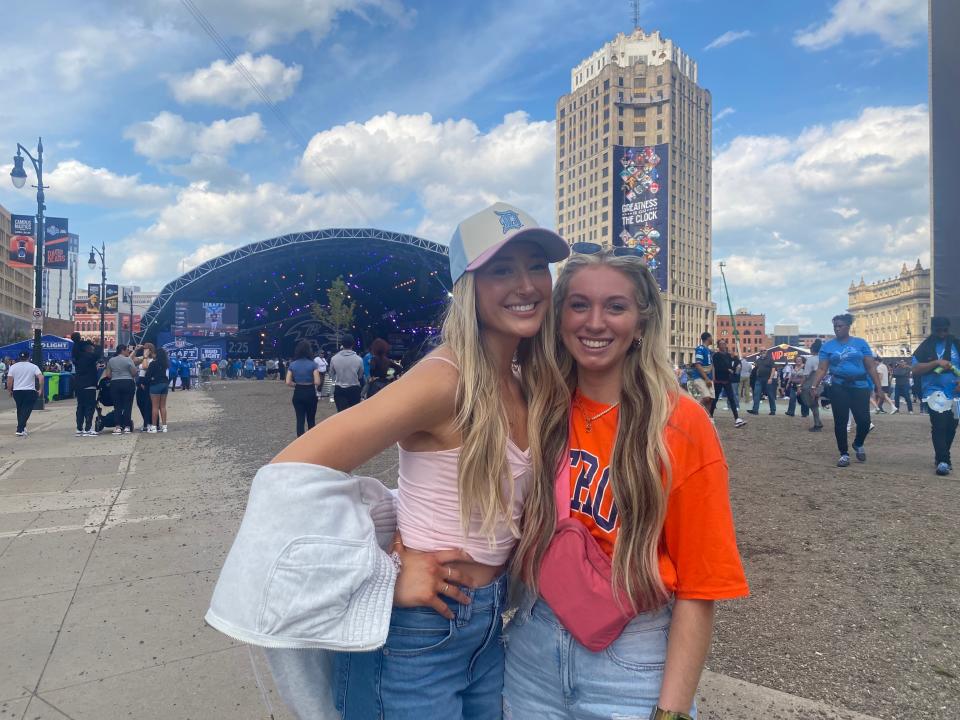 Hailey Bates, 25, left, and Samantha Buswell, 24, both of Fenton, visited the NFL draft in Detroit Saturday before heading to a Tigers game.
