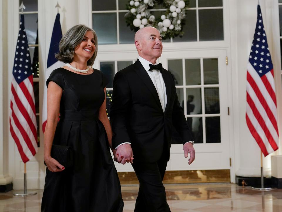 Homeland Security Secretary Alejandro Mayorkas arrives for the State Dinner with President Joe Biden and French President Emmanuel Macron at the White House in Washington, Thursday, Dec. 1, 2022.