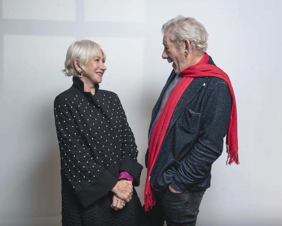 This Nov. 3, 2019 photo shows actors Helen Mirren, left, and Ian McKellan pose for a portrait to promote their film "The Good Liar" in New York. (Photo by Christopher Smith/Invision/AP)