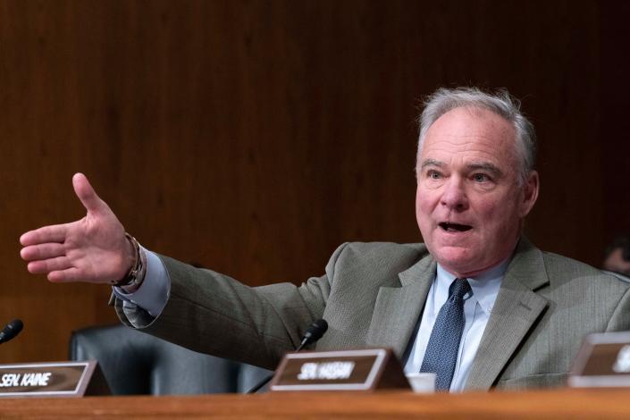 Sen. Tim Kaine, D-Va.. speaks during the Senate Health, Education, Labor and Pensions Committee hearing on Why are so many young Americans in mental health crisis?  Exploring Causes and Solutions, on Capitol Hill in Washington, Thursday, June 8, 2023.