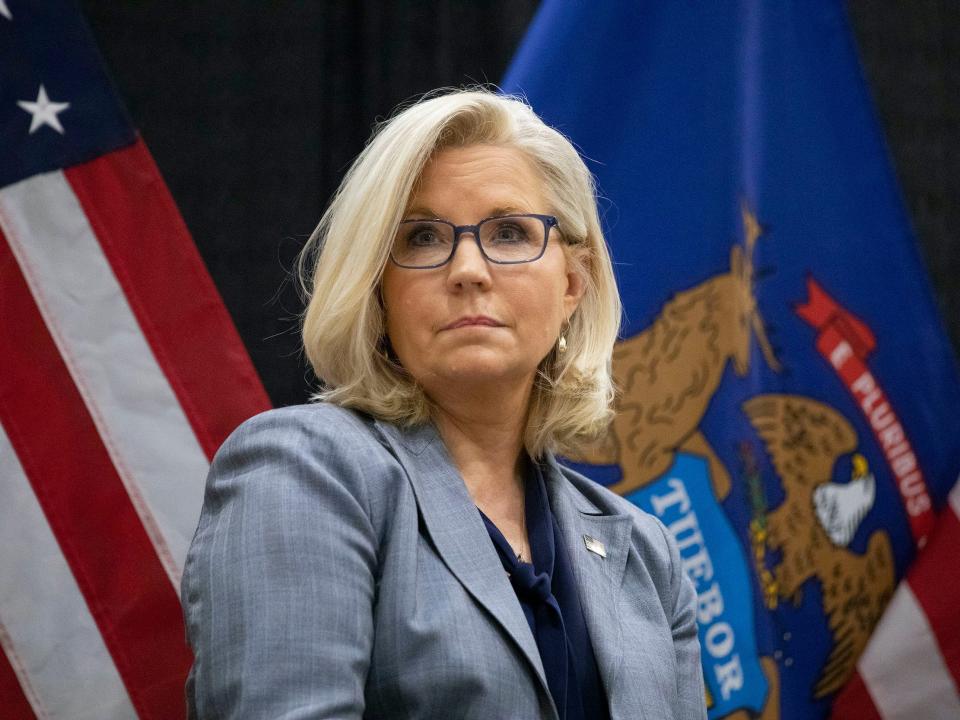 Rep. Liz Cheney, a Republican of Wyoming, campaigned with Rep. Elissa Slotkin, a Democrat of Michigan, at an Evening for Patriotism and Bipartisanship event on November 1, 2022 in East Lansing, Michigan.