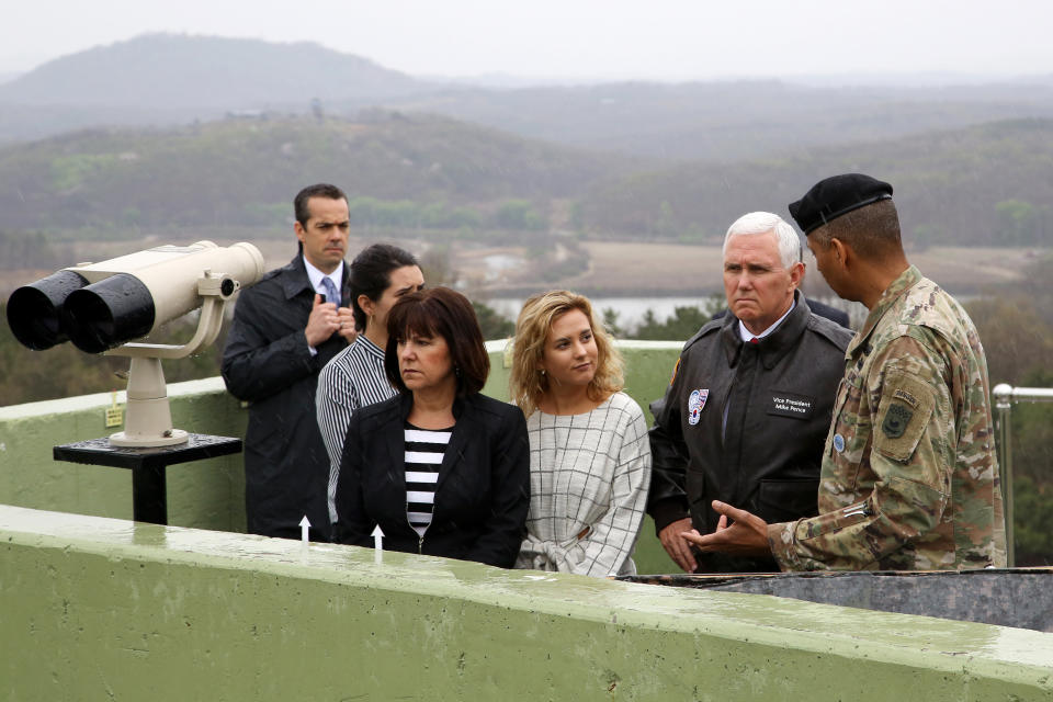 Vice President Mike Pence looks across to the north side of the border at the truce village of Panmunjom in the Demilitarized Zone (DMZ) in Paju, South Korea, in April. (Photo: Bloomberg via Getty Images)