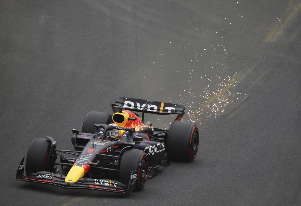 Red Bull driver Max Verstappen of the Netherlands steers his car during the third practice session ahead of the Formula One Grand Prix at the Spa-Francorchamps racetrack in Spa, Belgium, Saturday, Aug. 27, 2022. The Belgian Formula One Grand Prix will take place on Sunday. (AP Photo/Olivier Matthys)