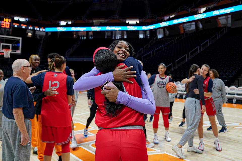 Lady Vols forward Rickea Jackson hugs New York Liberty guard/forward Betnijah Laney during the USA Basketball women's national team practice. Team USA played Tennessee in an exhibition in preparation for the Paris 2024 Olympics on Nov. 5, 2023 at Thompson-Boling Arena.