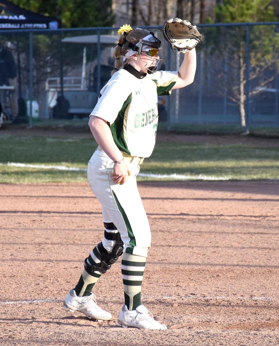 Herkimer College pitcher Hannah DeRock checks her catcher's sign during an April 6, 2021, doubleheader. The second-year General pitched two scoreless innings of relief Thursday in a 4-1 Herkimer win in an elimination game at the NJCAA's national tournament.