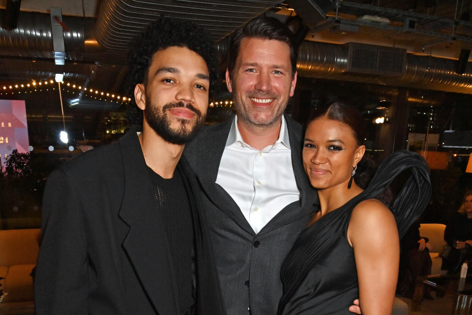 LONDON, ENGLAND - FEBRUARY 07: (L to R) Justice Smith, Director Benjamin Caron and Briana Middleton celebrate Apple Original Films and A24's World Premiere of 