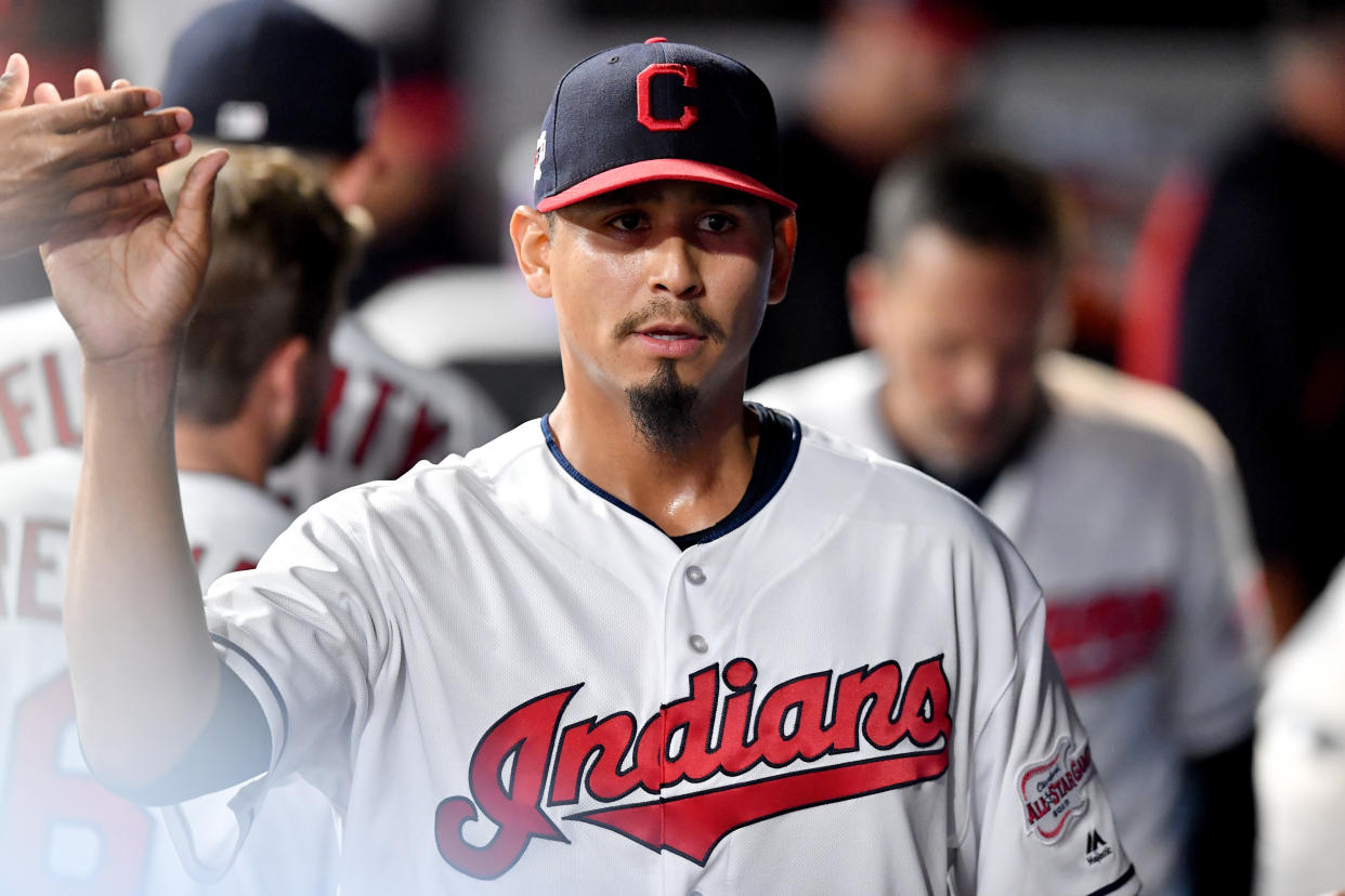CLEVELAND, OHIO - SEPTEMBER 14: Carlos Carrasco #59 of the Cleveland Indians celebrates after pitching during the sixth inning of a double header against the Minnesota Twins of the second game at Progressive Field on September 14, 2019 in Cleveland, Ohio. (Photo by Jason Miller/Getty Images)