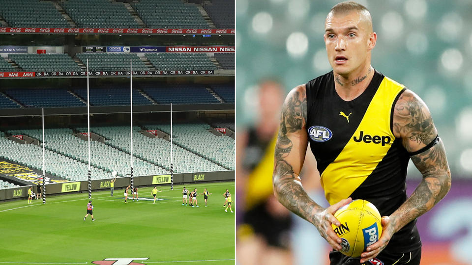 A 50-50 split image showing the empty MCG during the Richmond-Carlton AFL game, and Richmond player Dustin Martin.