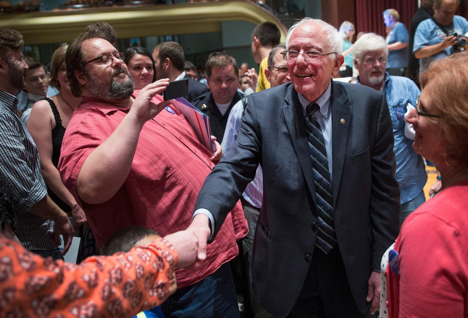 Sen. Bernie Sanders greets guests at a campaign event at Drake University on June 12, 2015 in Des Moines, Iowa.