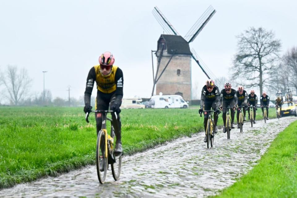JumboVisma riders and Belgian Wout van Aert 2L pictured during the reconnaissance of the track ahead of this years ParisRoubaix cycling race Thursday 06 April 2023 around Roubaix France The ParisRoubaix cycling race will take place on Sunday 09 April BELGA PHOTO DIRK WAEM Photo by DIRK WAEM  BELGA MAG  Belga via AFP Photo by DIRK WAEMBELGA MAGAFP via Getty Images