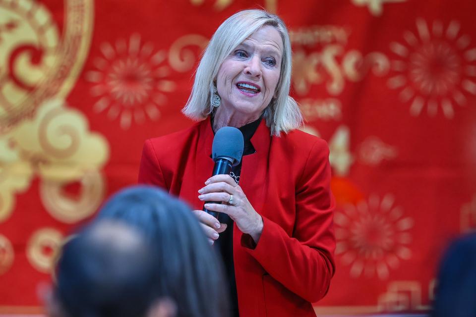 Lieutenant Governor Bethany Hall Long delivers remarks during a Chinese New Year celebration event on Sunday, February 18, 2024 at the Chinese American Community Center in Hockessin.